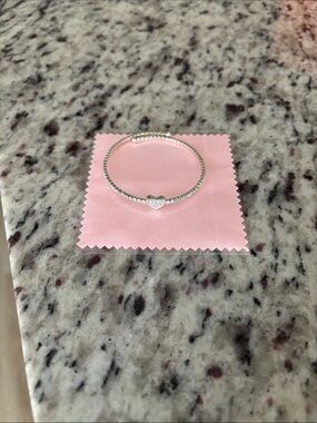Silver Heart Charm Bangle Bracelet - Pink